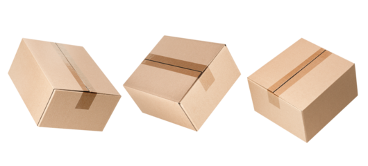 three levitating closed cardboard boxes from different angles on an isolated white background