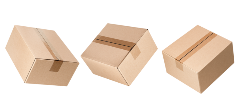 three levitating closed cardboard boxes from different angles on an isolated white background