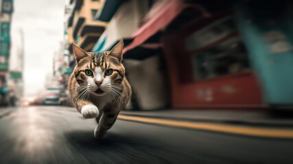 A cute and scared cat running through the city streets, running away from people. Banner. Generative ai