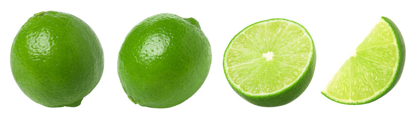Natural fresh lime, slice, and half isolated, transparent png, PNG format, cut-out.