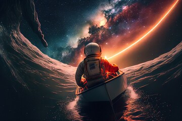 An astronaut sailing on the boat under the beautiful milky way, exploring universe concept. Creative illustration generated by Ai