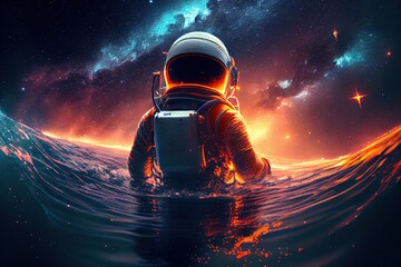 An astronaut standing in the water under the beautiful milky way, exploring universe concept. Creative illustration generated by Ai
