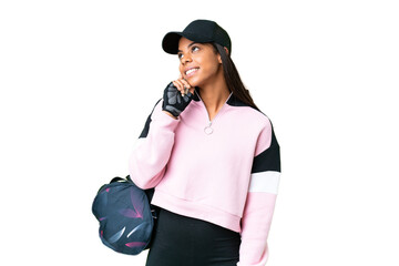 Young sport African American woman with sport bag over isolated chroma key background thinking an idea while looking up