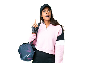 Young sport African American woman with sport bag over isolated chroma key background pointing up and surprised