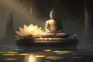 Buddha sitting on the lotus platform full-length picture. AI-Generated