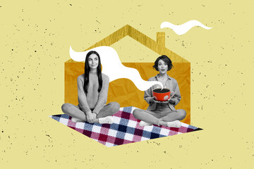 Collage 3d pinup pop retro sketch image of happy charming girlfriends enjoying tasty coffee...