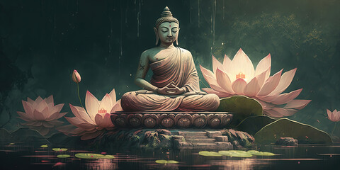 Buddha sitting on the lotus platform full-length picture. AI-Generated