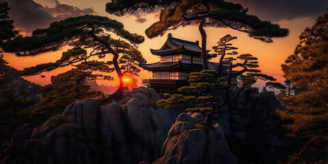 Japan, ancient citadel on high rock landscape, nature reserve with pines, vibrant bright red sunset. AI-Generated