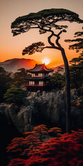 Vibrant Sunset over Ancient Citadel in Japan’s Nature Reserve. AI-Generated