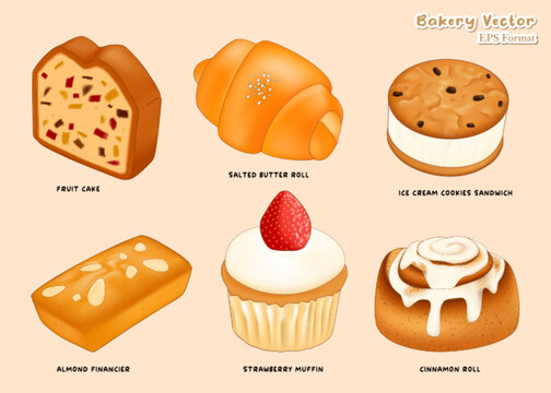 set of bakery cakes and breads