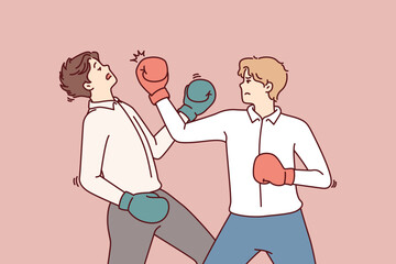 Determined business man in boxing gloves strikes opponent in face, symbolizing fierce competition between employees. Men in business attire are fighting for right to take emerging position of manager 