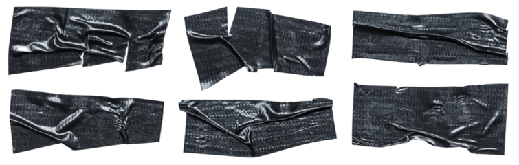 Set of isolated cut out torn adhesive black tape strips or labels with texture on transparent background