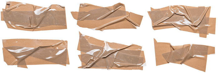 Set of isolated cut out adhesive dirty brown beige tape strips or labels with texture on transparent or white background