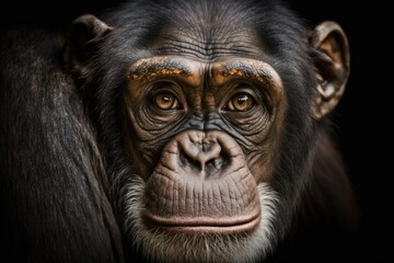Naklejka premium A close up chimpanzee portrait (Pan troglodytes). Generative AI