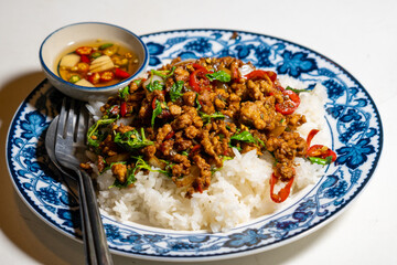 Stir fried Thai basil with minced pork and a fried egg on white plate