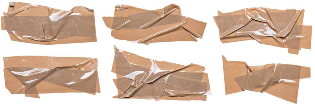 Set of isolated cut out adhesive dirty brown beige tape strips or labels with texture on transparent or white background