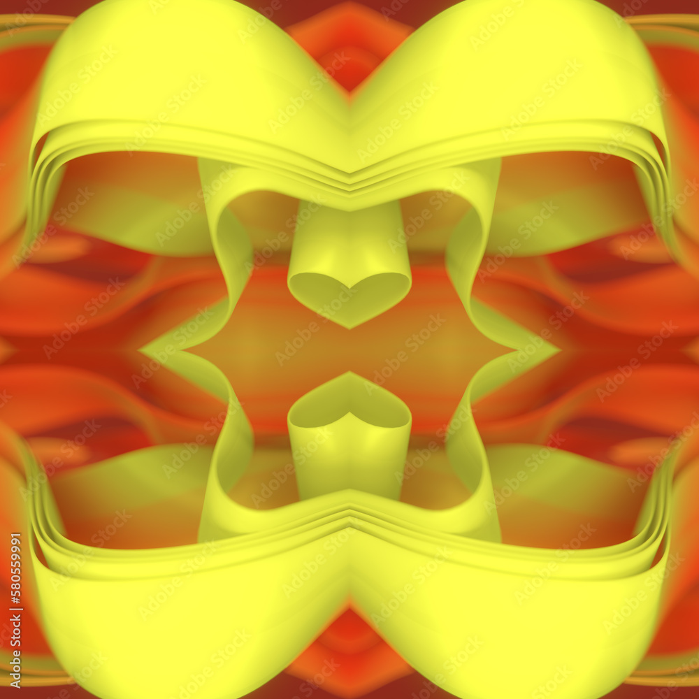 Poster Beautiful kaleidoscopic pattern with fluctuating strips of fabric in the wind. 3d rendering digital illustration