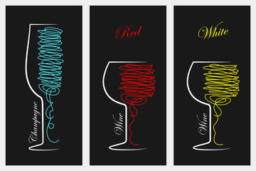 Wine glass logo. Red and White wine. Champagne. Vintage design on black background. Vector set Illustration