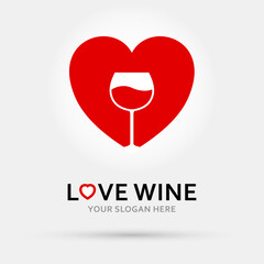 Red Heart and Glass Wine. Drink Love Logo. Vector illustration