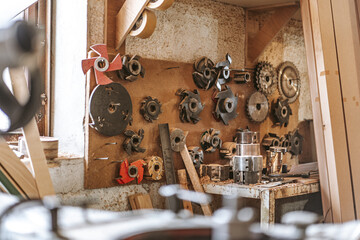 Carpentry shop interior with wood and tools