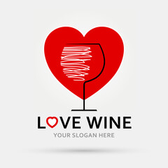 Glass Wine Love Logo. Drink Red Heart. Vector illustration