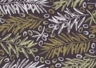 Olive branch seamless pattern. Vector background with leaves and fruits sketches in vintage style. Vegetable oil ingredients texture. Olive plant illustration for print or packaging design