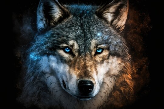 A cute fantasy portrait of a wolf that could be used for a picture avatar or on a T shirt, mug, or other accessory item. Generative AI