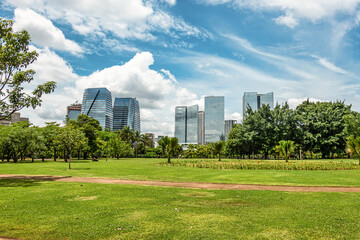 View of Parque do Povo, peoples park in Sao Paulo, Brazil with buildings and a cloudy sky