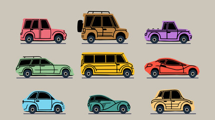 Set of various colorful cars or vehicles. Automobiles- sedan, SUV, pickup, coupe, hatchback, retro car. Design motor transport concept. Hand drawn trendy every car is isolated. Vector illustration.