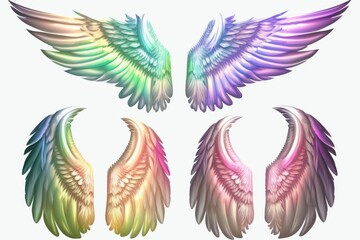 Rainbow Angel's Wings Pastelcolor Clipart set. Ultra High Realistic. ultra high resolution, Isolated on White Background.