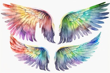 Fototapeta premium Rainbow Angel's Wings watercolor Clipart set. Ultra High Realistic. ultra high resolution, Isolated on White Background. 