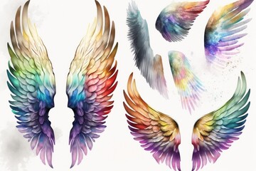 Obraz premium Rainbow Angel's Wings watercolor Clipart set. Ultra High Realistic. ultra high resolution, Isolated on White Background. 