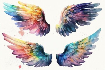 Fototapeta premium Rainbow Angel's Wings watercolor Clipart set. Ultra High Realistic. ultra high resolution, Isolated on White Background. 