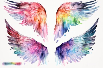 Rainbow Angel's Wings watercolor Clipart set. Ultra High Realistic. ultra high resolution, Isolated on White Background. 