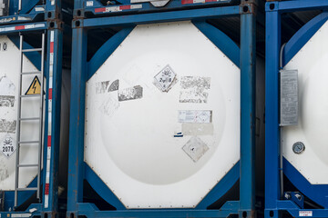 Chemical tank container. ISO tank container for chemical delivery. Bulk liquid transport. Chemical...