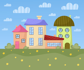 Obraz na płótnie Canvas Cartoon city. Spring, summer background design. Cheerful vector illustration. Houses, flowers, clouds.
