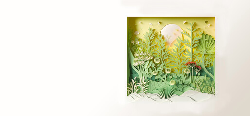 Green Garden Nature Papercut Frame Banner. Origam Plants. Generative AI.