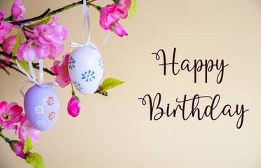 Easter Egg Decoration With Flower Bouquet, English Text Happy Birthday