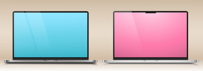 Two laptops with blue and pink screens on a beige gradient background. A set of realistic laptop layouts in a silver metal case. Vector illustration.