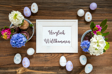 Spring Flowers With Easter Decoration, Herzlich Willkommen Means Welcome, Frame