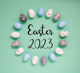 Easter Egg Decoration, Flat Lay, English Text Easter 2023