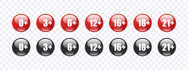 Age requirement icons. Age bar icons. Recommended age limit. Age restrictions signs. Vector images