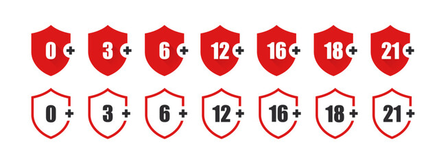 Age requirement icons. Age restriction icons in the form of shields. Recommended age limit. Age restrictions signs. Vector images