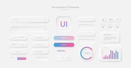 Fototapeta A set of user interface elements for a mobile application. A collection of icons for user interface development in white. Buttons for mobile devices in the style of neumorphism, UI, UX. Vector obraz