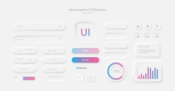A set of user interface elements for a mobile application. A collection of icons for user interface development in white. Buttons for mobile devices in the style of neumorphism, UI, UX. Vector