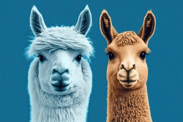 Fototapeta premium Cute alpaca and llama on blue background. Generative AI