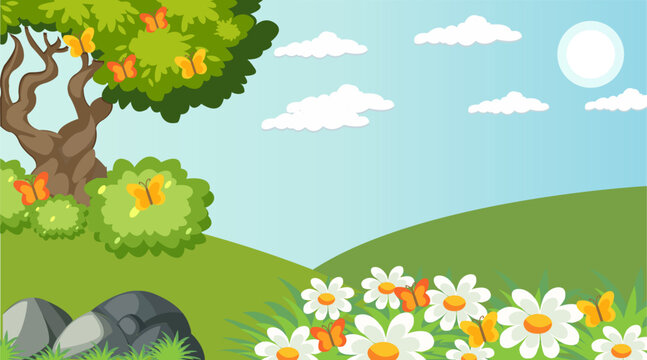 Spring landscape background design with trees, mountains, fields, flowers