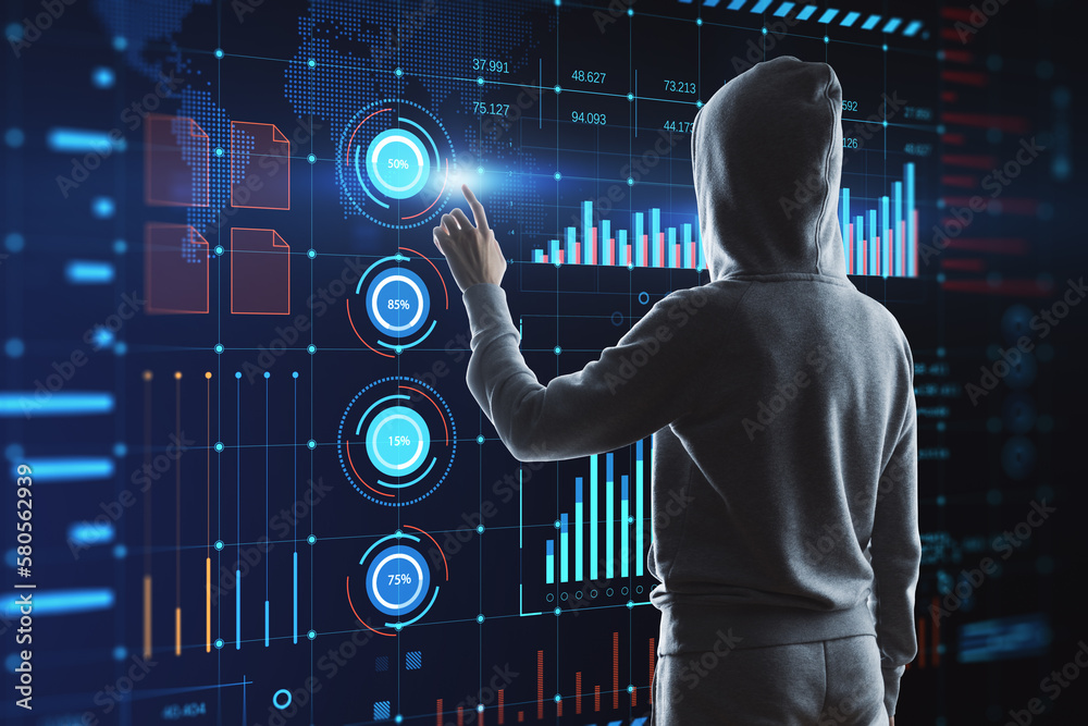 Fototapete Hacker using glowing digital interface with business charts and coding on dark background. Future and cyberspace concept.