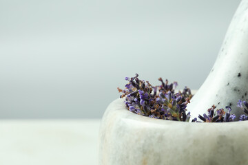 Skin care cosmetic, making of lavender oil in mortar