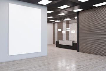 Perspective view on white poster with space for your logo or text on grey wall background in stylish reception area with wooden wall and dark desk on background. 3D rendering, mock up